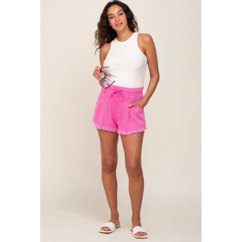 Fuchsia Drawstring Frayed Hem Maternity Shorts