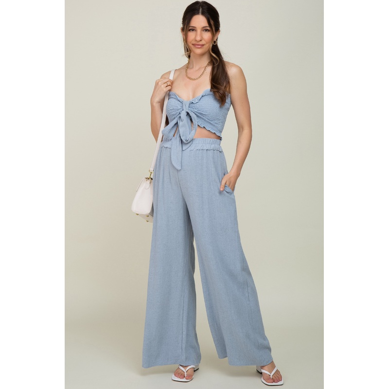 Light Blue Front Tie Crop Top and Pant Maternity Set
