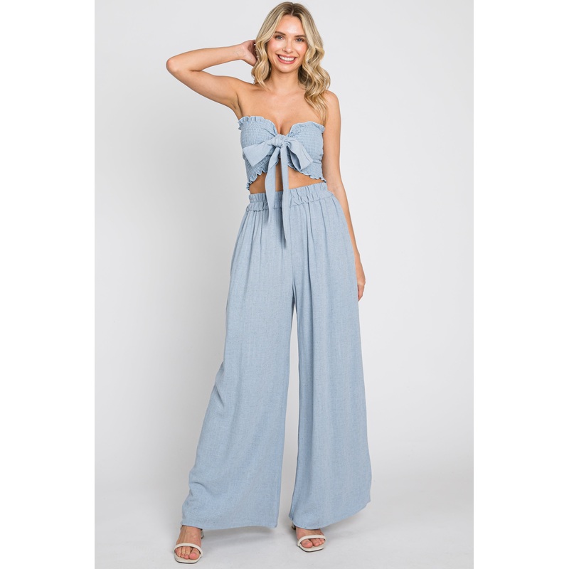 Light Blue Front Tie Crop Top and Pant Set