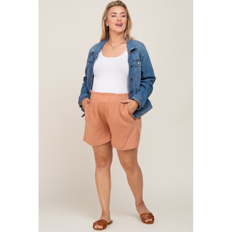 Peach Elastic Waist Linen Maternity Plus Shorts