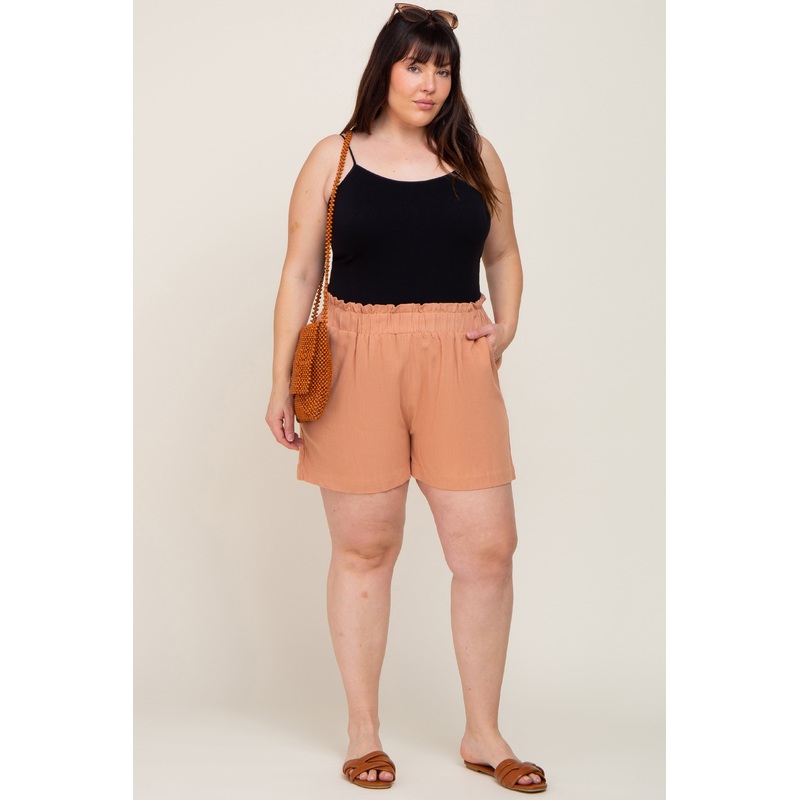 Peach Elastic Waist Linen Plus Shorts
