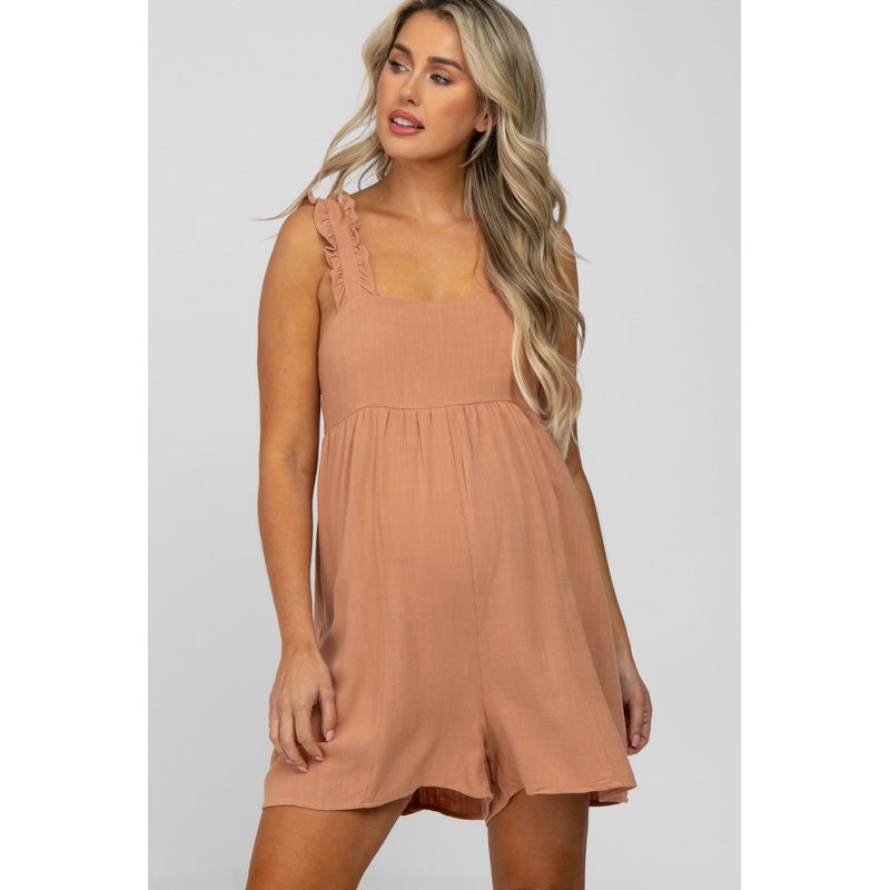 Salmon Square Neck Ruffle Strap Linen Maternity Romper
