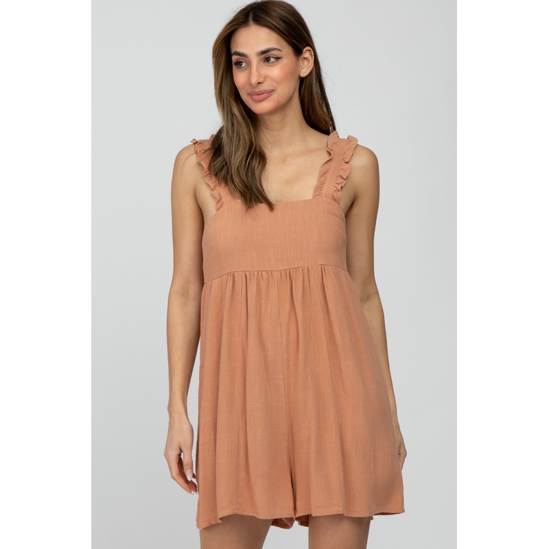 Salmon Square Neck Ruffle Strap Linen Romper