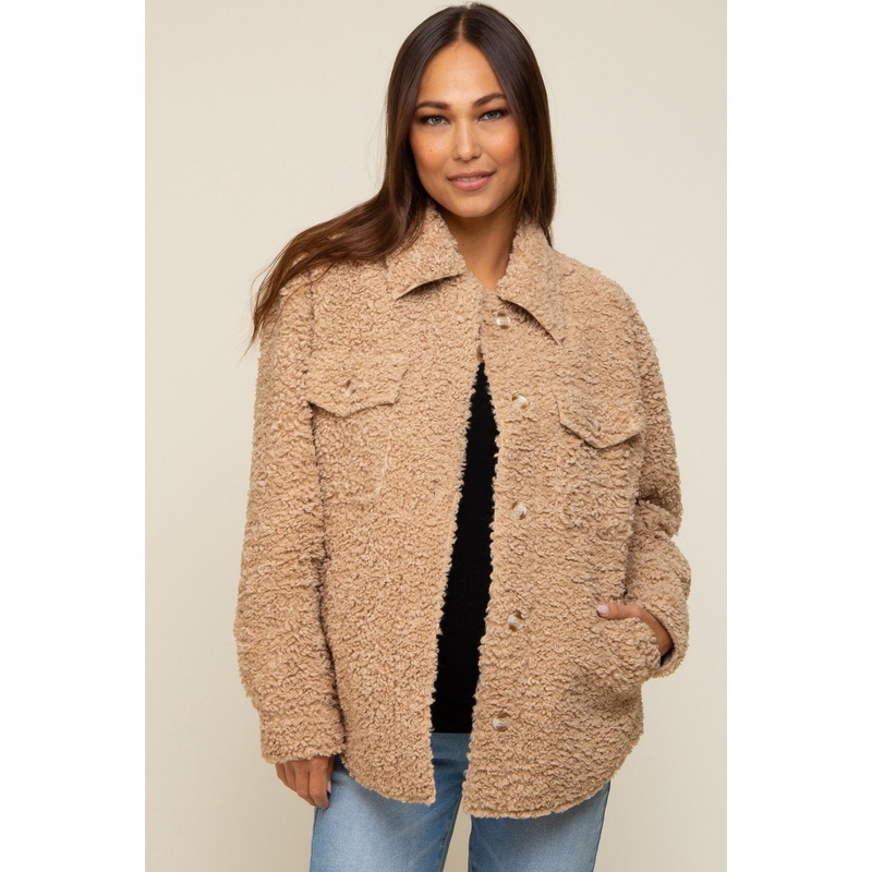 Taupe Fuzzy Knit Maternity Shirt Jacket