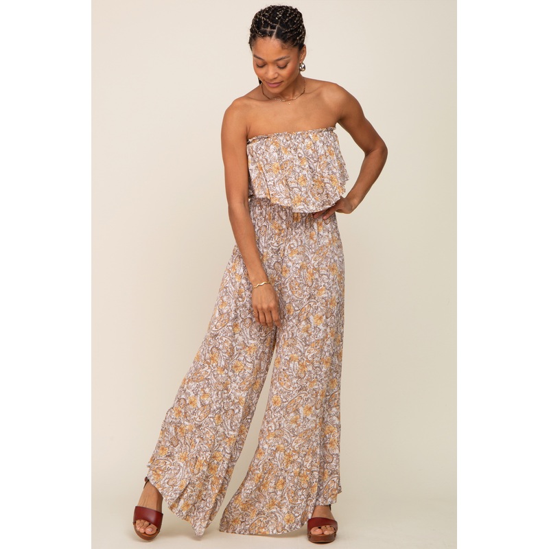 Taupe Paisley Ruffle Strapless Jumpsuit