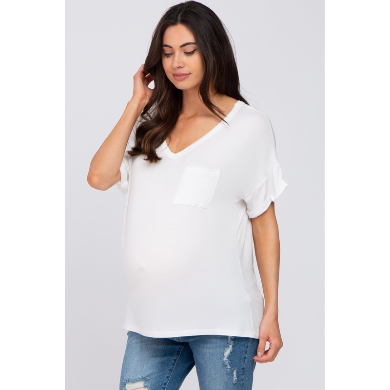 White Basic Pocket Front Short Sleeve Maternity Top
