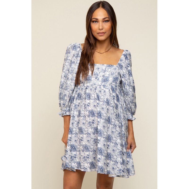 White Floral Puff Sleeve Maternity Dress