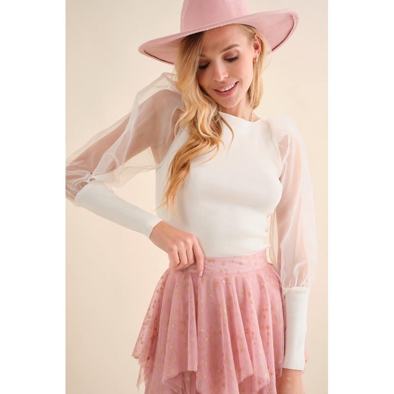 White Rib Knitted Organza Puff Sweater Top