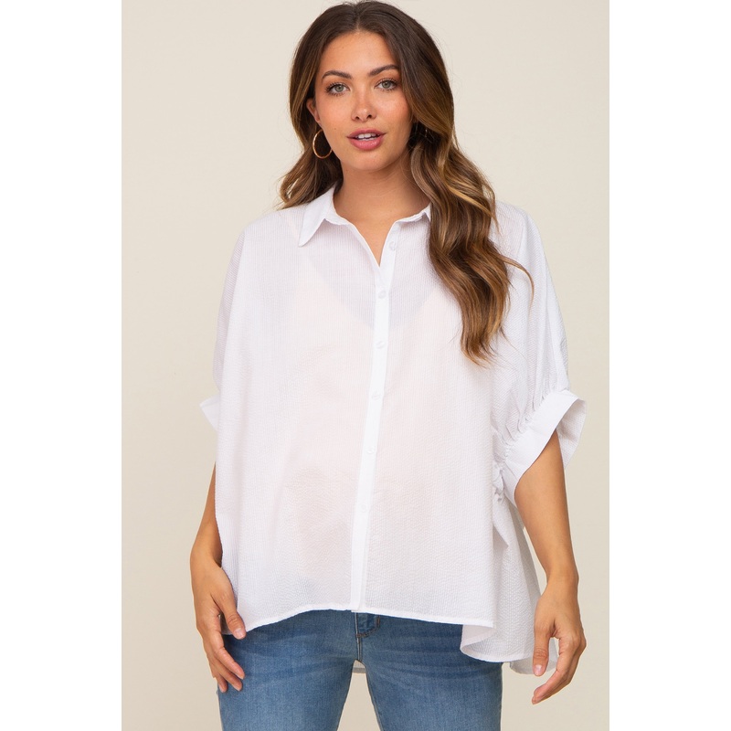 White Striped Button-Down Dolman Short Sleeve Maternity Top