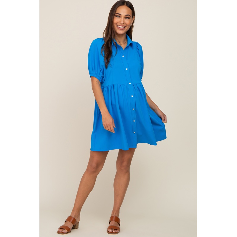 Aqua Button Down Maternity Mini Dress