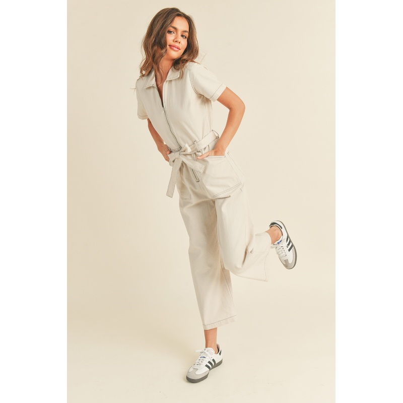 Beige Cotton Zipper Front Jumpsuit With Belt