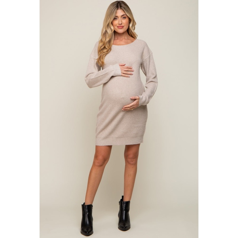 Beige Cutout Back Satin Tie Maternity Sweater Dress