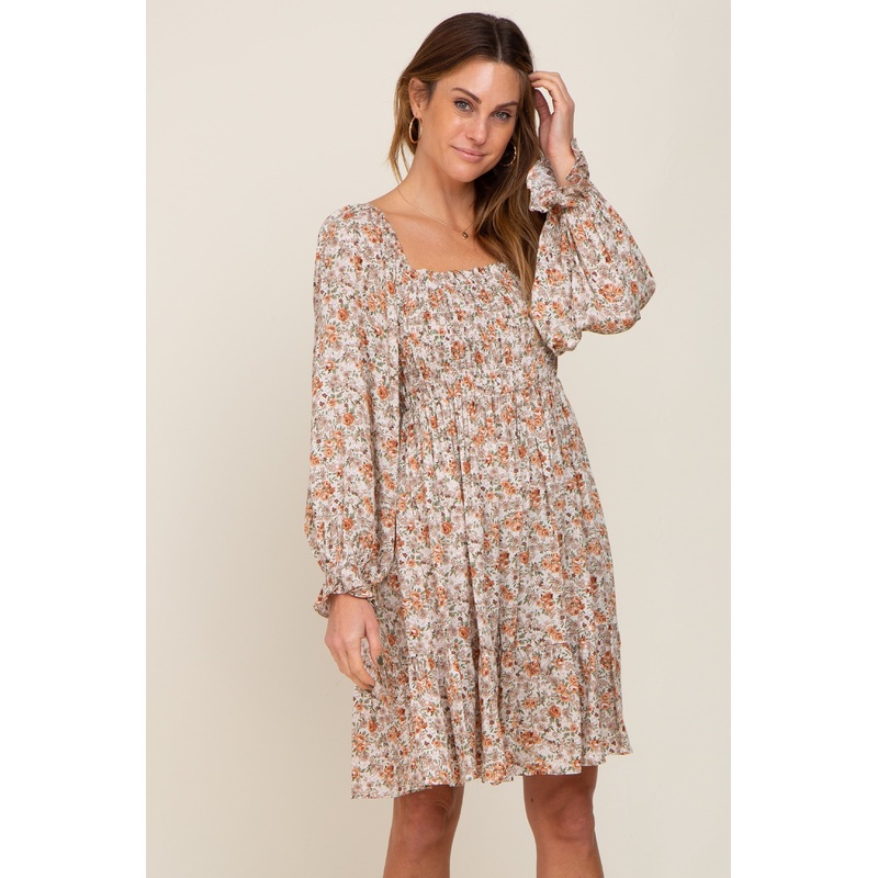 Beige Floral Smocked Square Neck Dress