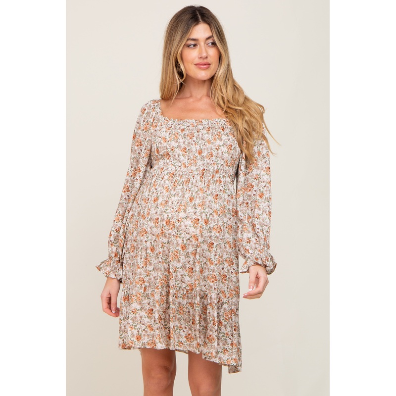 Beige Floral Smocked Square Neck Maternity Dress