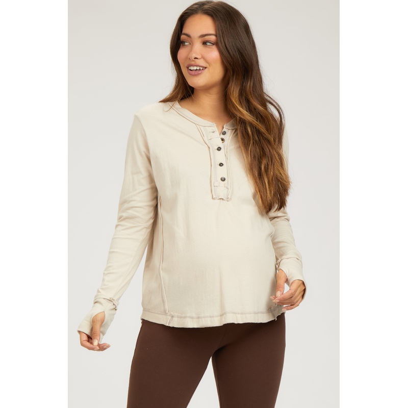 Beige Long Sleeve Exposed Seam Maternity Top