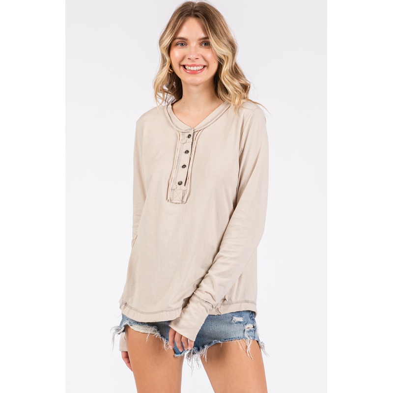 Beige Long Sleeve Exposed Seam Top