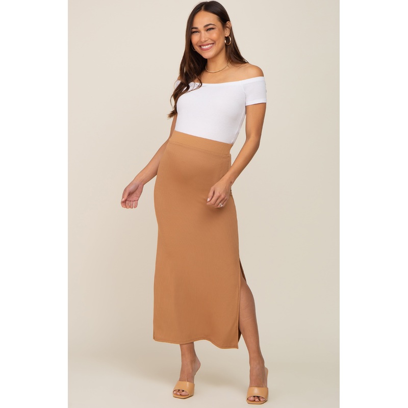 Beige Ribbed Side Slit Maternity Midi Skirt