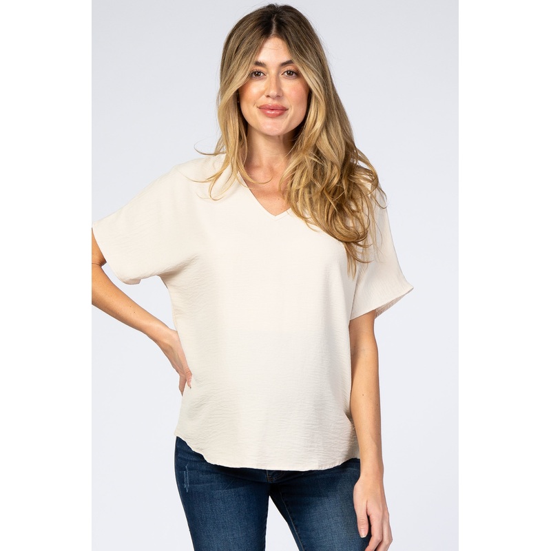 Beige Short Sleeve Maternity Blouse