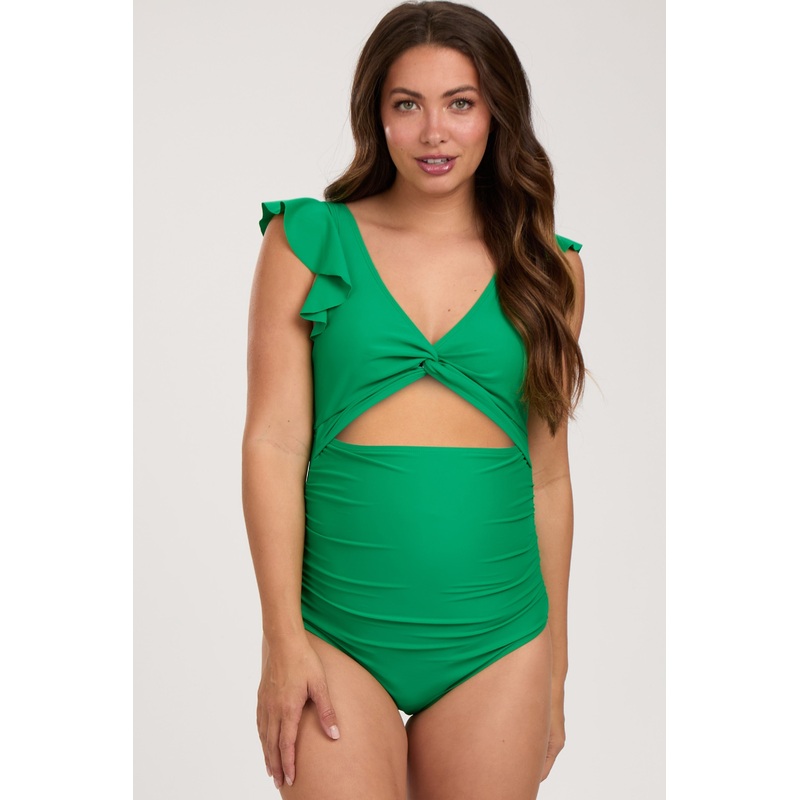 Green Cutout Flutter One Piece Maternity Swimsuit