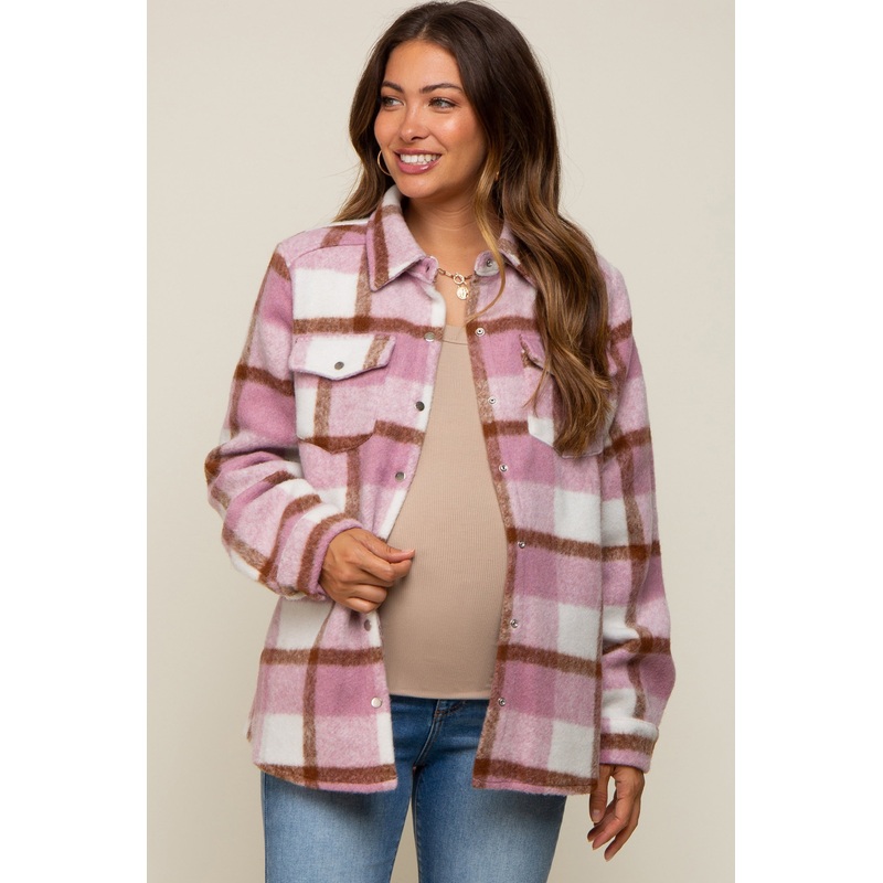Mauve Plaid Fleece Maternity Shirt Jacket