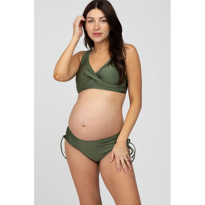 Olive Cross Front Drawstring Side Two-Piece Maternity Bikini Set