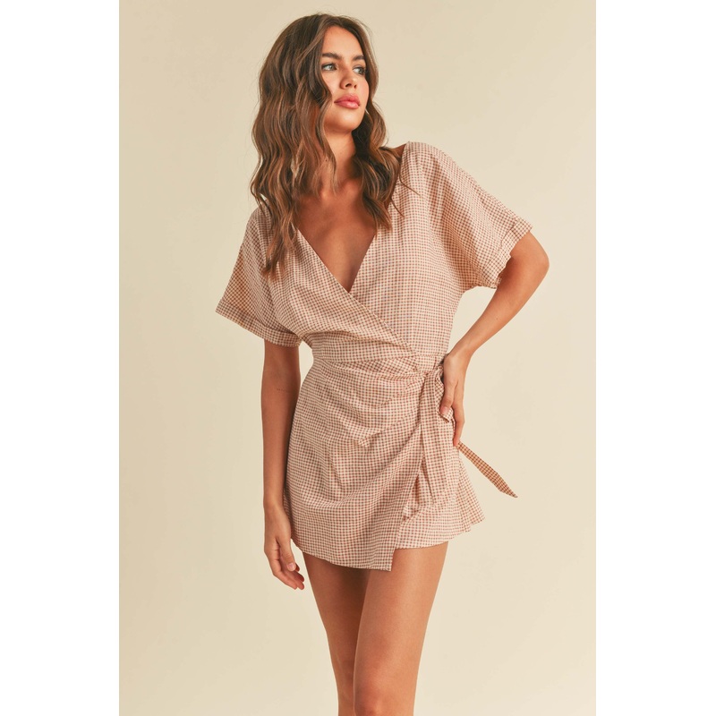 Red Grid Pattern Tied Romper