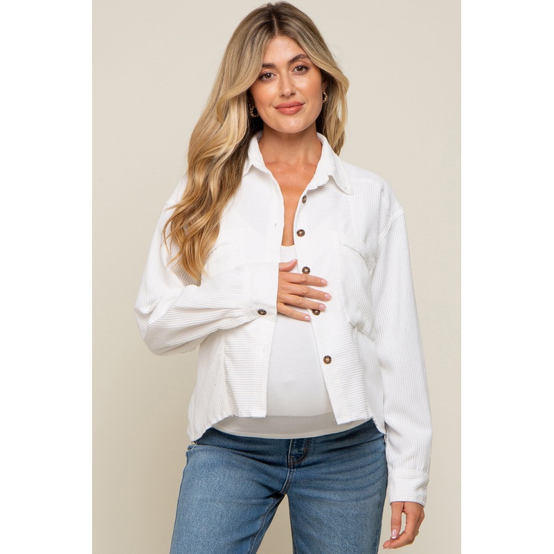 White Corduroy Raw Hem Maternity Shacket