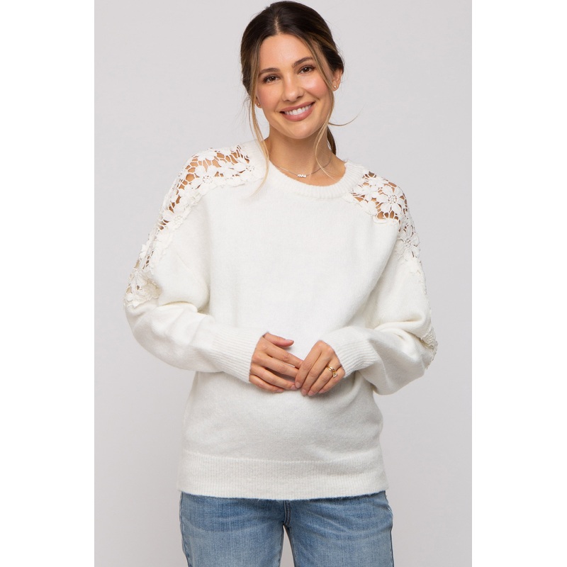 White Crochet Lace Shoulder Maternity Sweater