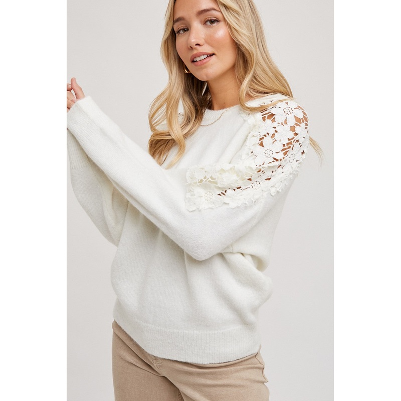 White Crochet Lace Shoulder Sweater