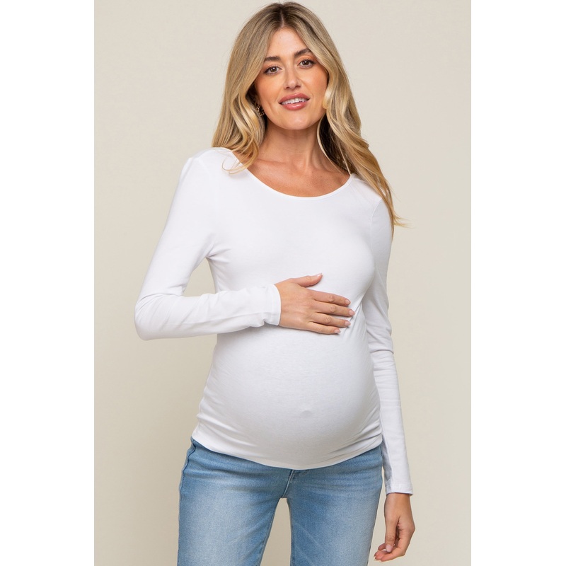 White Long Sleeve Scoop Back Maternity Top