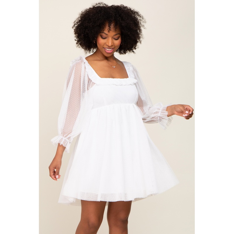 White Polka Dot Mesh 3/4 Sleeve Dress