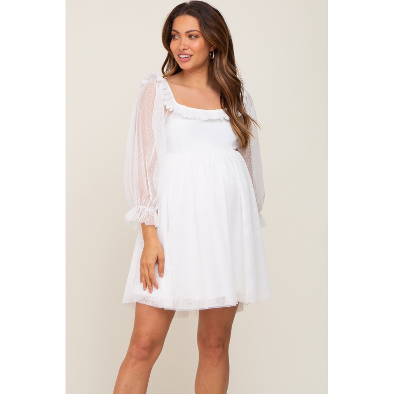 White Polka Dot Mesh 3/4 Sleeve Maternity Dress