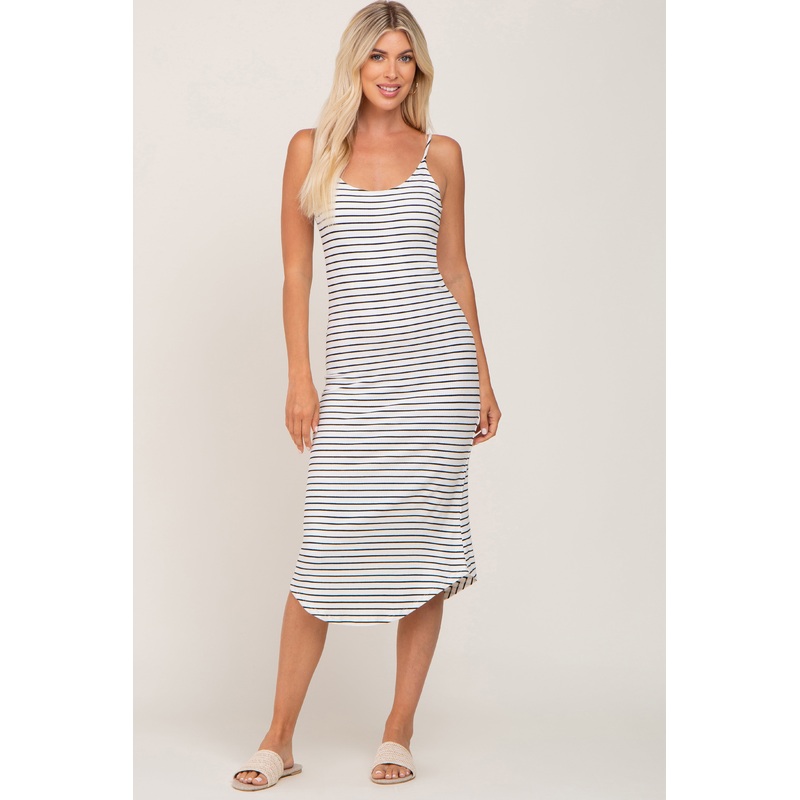 White Sleeveless Ribbed Striped Midi Dress