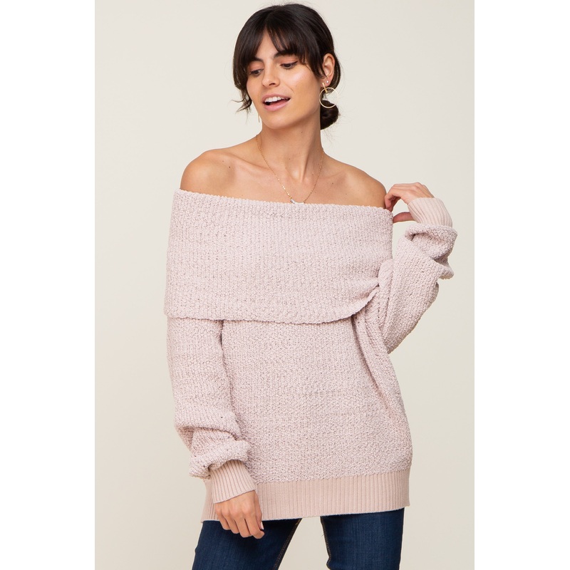 Beige Foldover Off Shoulder Sweater