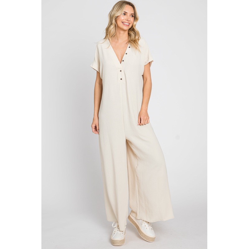 Beige Front Button Accent Jumpsuit
