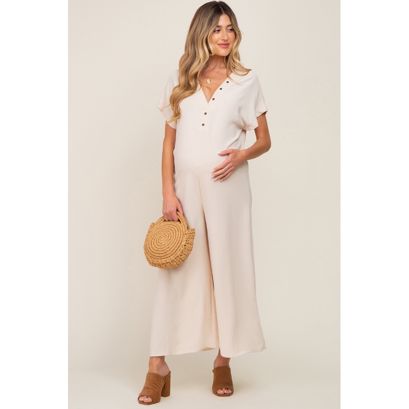 Beige Front Button Accent Maternity Jumpsuit