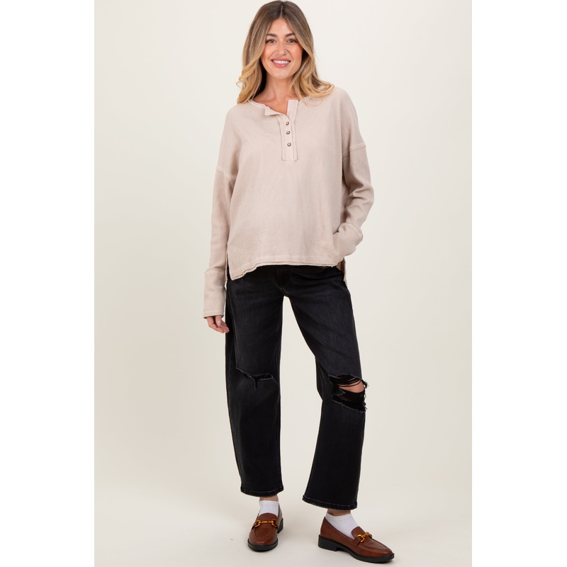 Black Distressed Open Knee Cropped Maternity Barrel Jeans