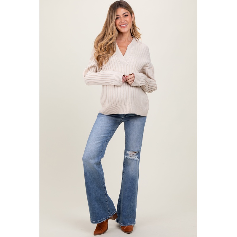 Blue Distressed Knee Flare Maternity Jeans