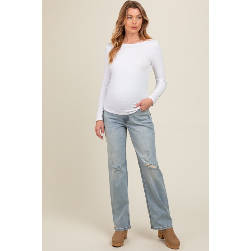 Light Blue Distressed Open Knee Maternity Straight Leg Jeans
