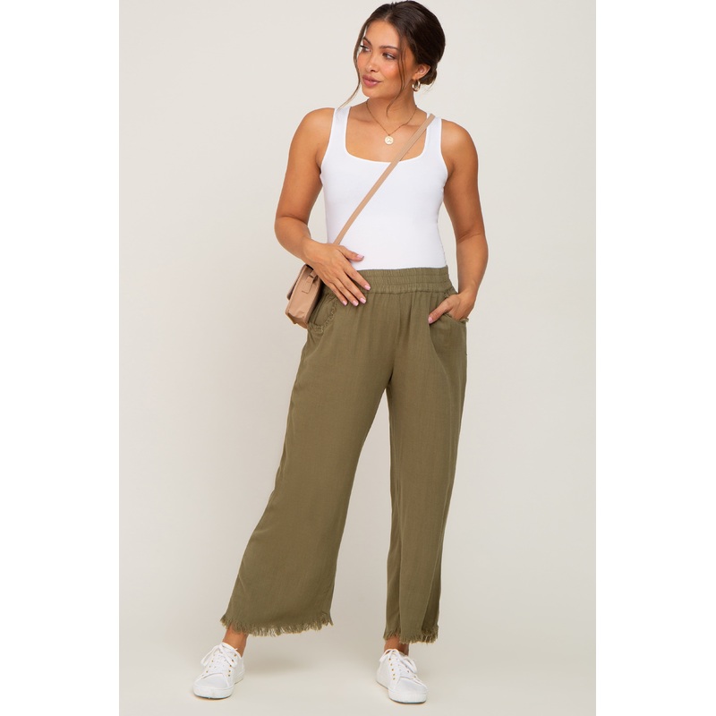 Olive Linen Frayed Hem Crop Maternity Pants