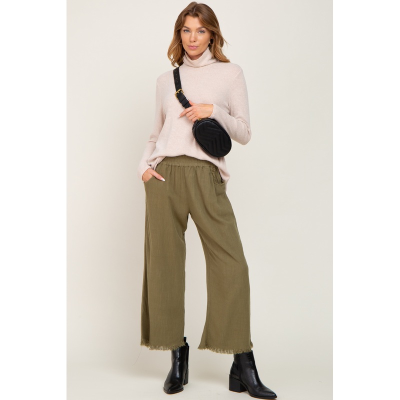 Olive Linen Frayed Hem Crop Pants