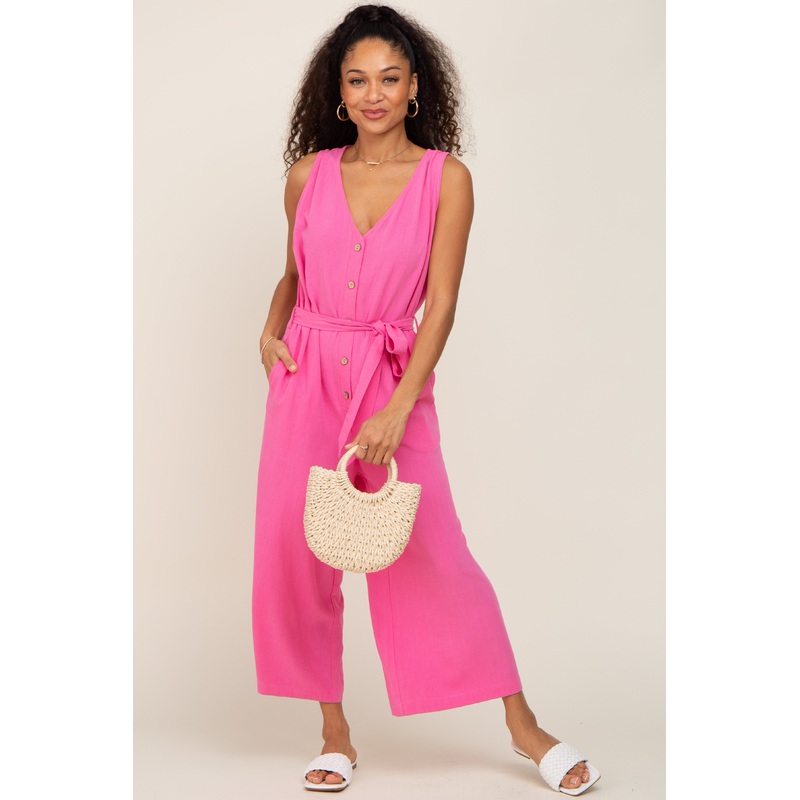Pink Sleeveless Button Front Cropped Jumpsuit