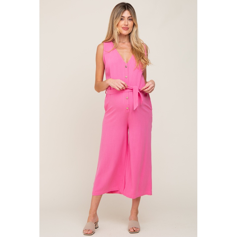 Pink Sleeveless Button Front Maternity Cropped Jumpsuit