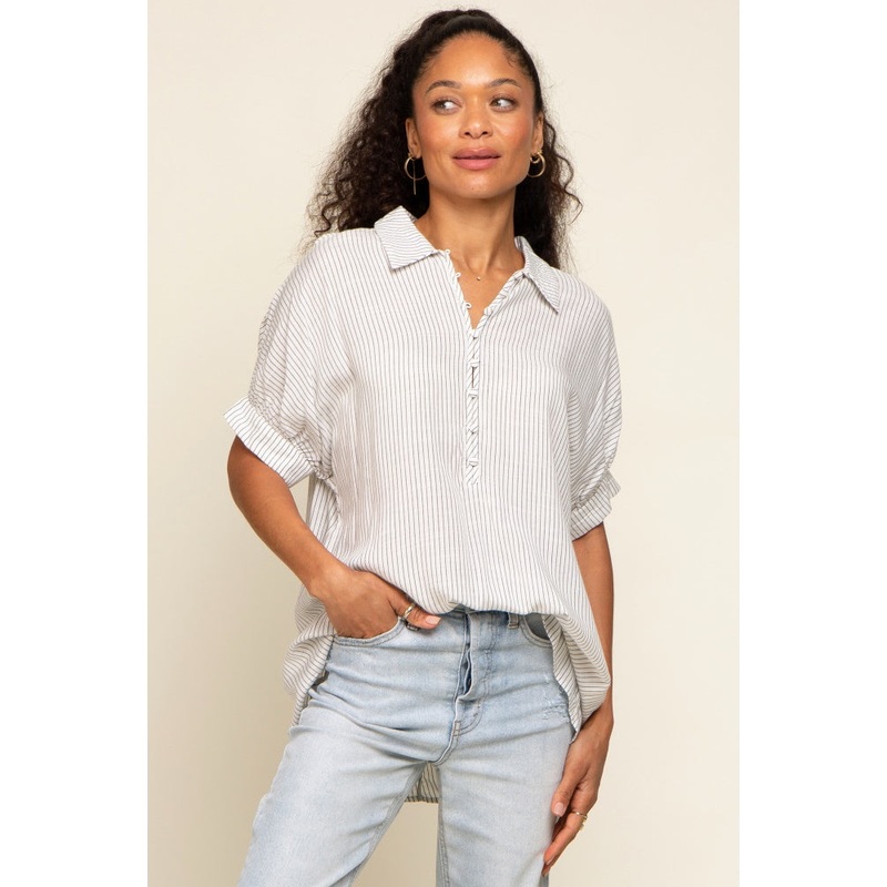 White Striped Button Up Dolman Short Sleeve Top