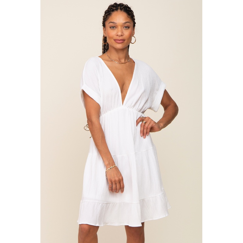 White V-Neck Tiered Cutout Back Dress