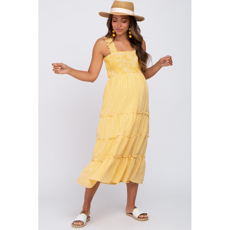 Yellow Gingham Smocked Tiered Maternity Midi Dress