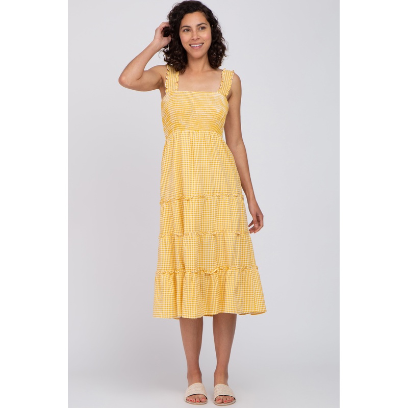 Yellow Gingham Smocked Tiered Midi Dress