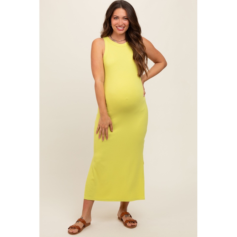 Yellow Ribbed Maternity Side Slit Tank Dress