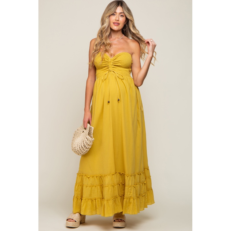Yellow Smocked Cutout Back Maternity Maxi Dress