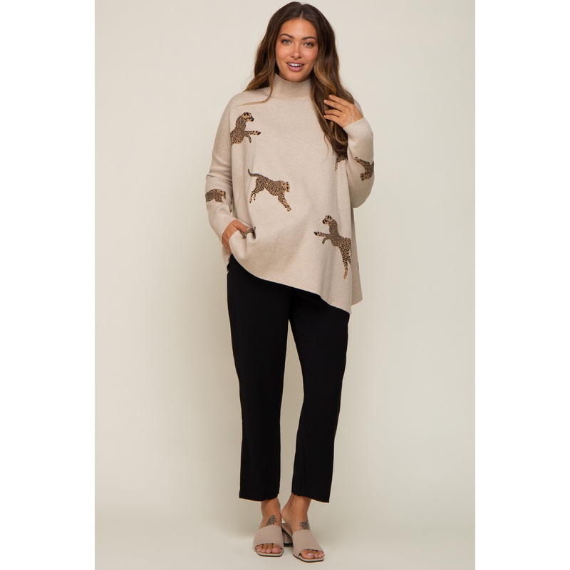 Beige Animal Print Side Slit Maternity Sweater